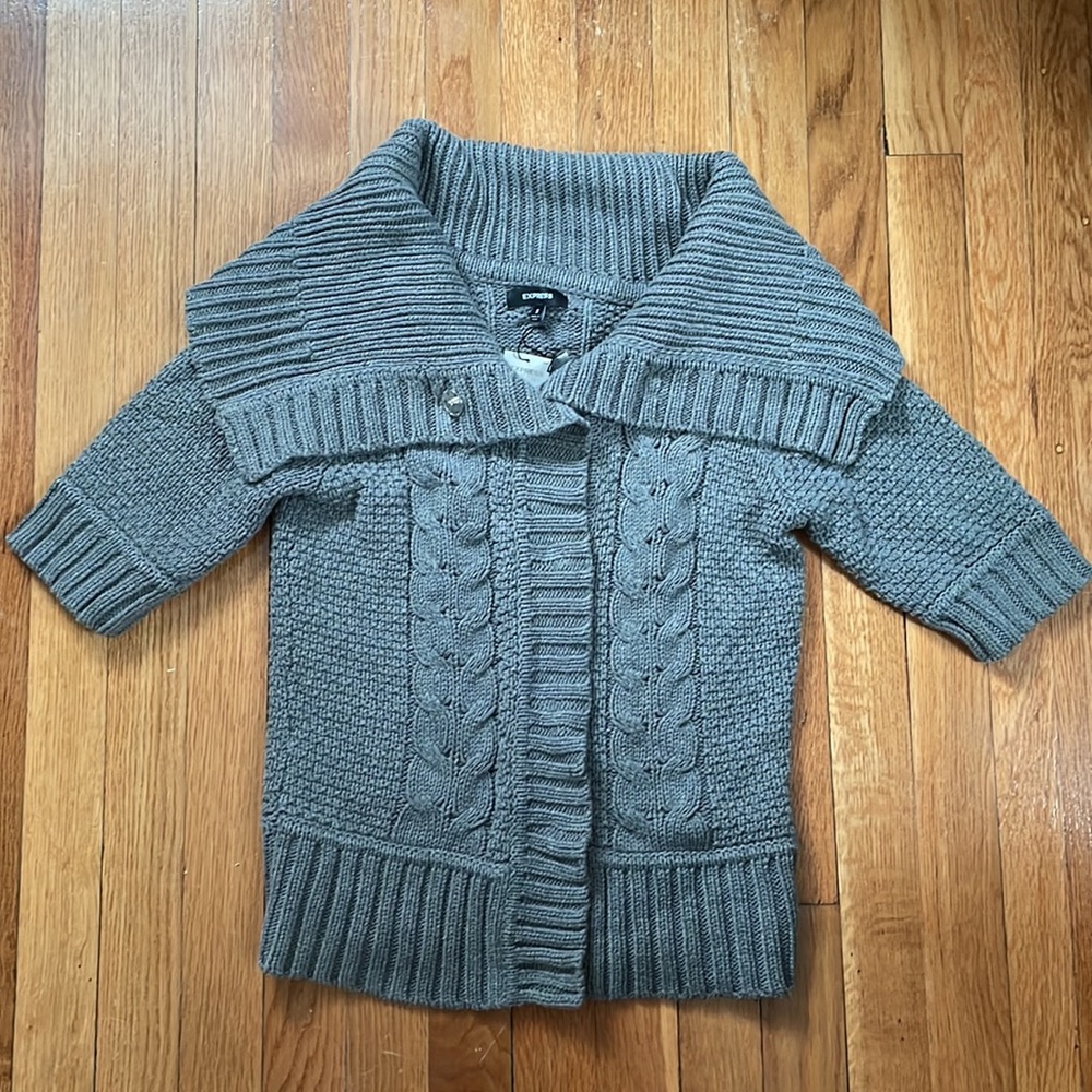 Express Cable Knit Sweater with 3/4 sleeves and snap front - Picture 2 of 5
